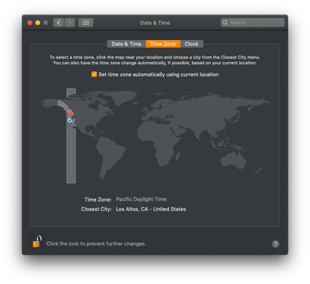 macOS Settings: Set time zone automatically using current location