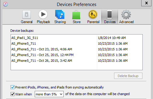 Backups as shown in iTunes Device Preferences