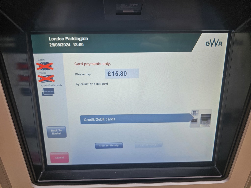 Payment screen of GWR TVM