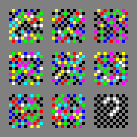 A different 3x3 grid of randomly colored 11x11 checkerboards