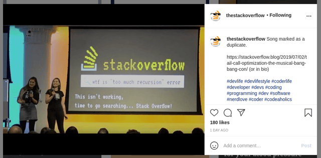  Screenshot of an Instagram post by @thestackoverflow. @thestackoverflow: Song marked as a duplicate. https://stackoverflow.blog/2019/07/02/tail-call-optimization-the-musical-bang-bang-con/ (or in bio) #devlife #devlifestyle #coderlife #developer #devs #coding #programming #dev #software #nerdlove #coder #codeaholics