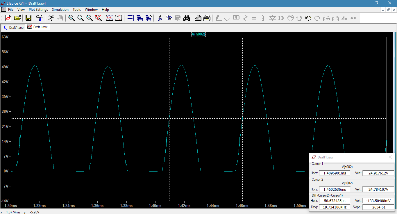 LTSpice circuit with 200uH chokes simulation