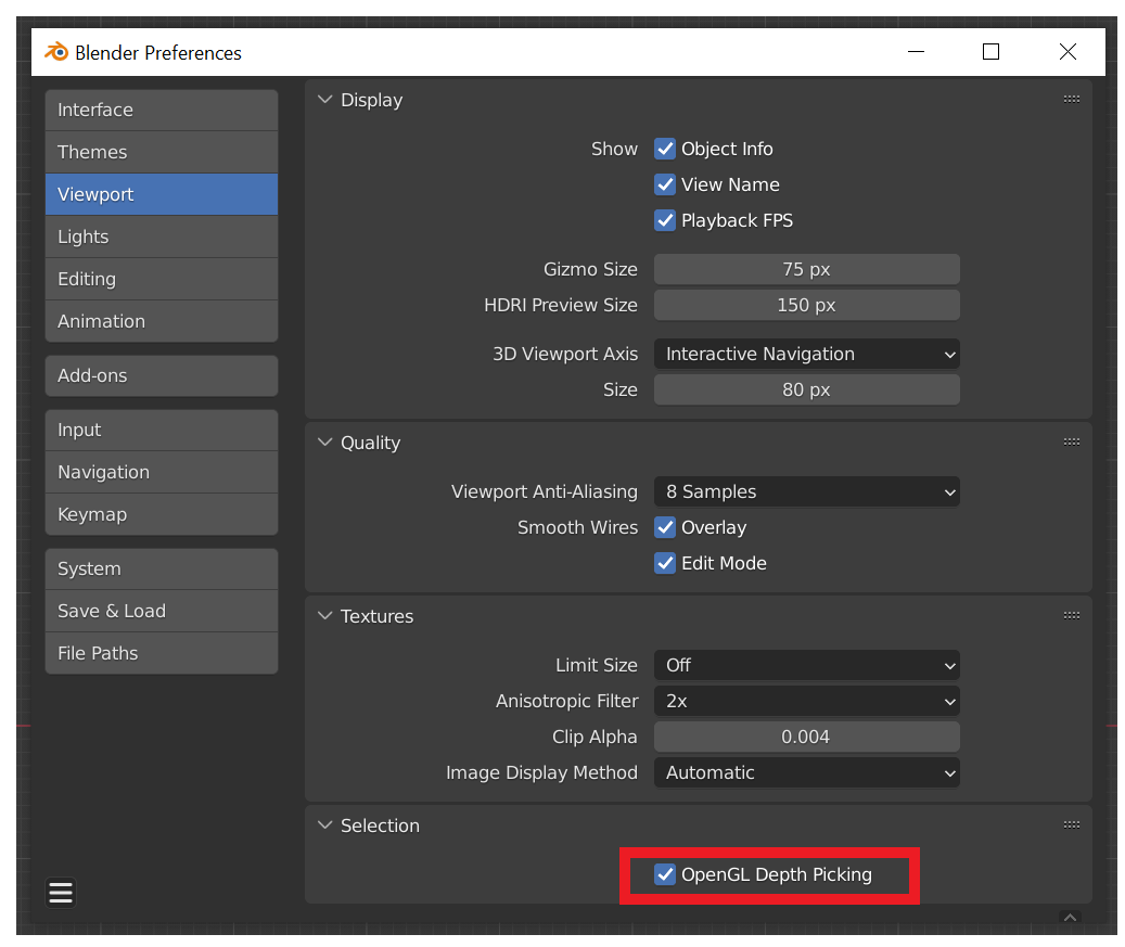 Viewport Preferences with OpenGL Depth Picking highlighted.