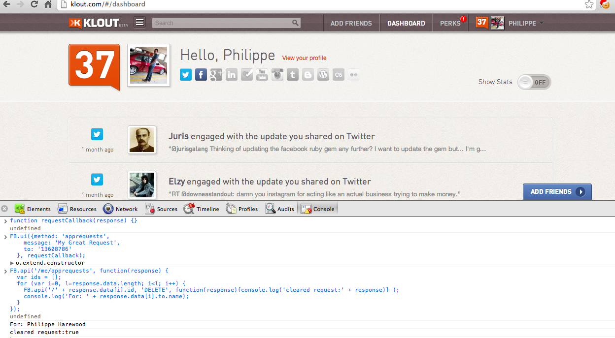 Klout page with console