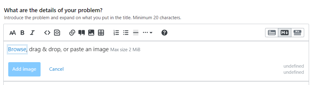 Image of the upload flow with no warning displayed. The word "undefined" appears twice in the lower right, instead of "Powered by Imgur" and "User contributions licensed under CC BY-SA (content policy)".