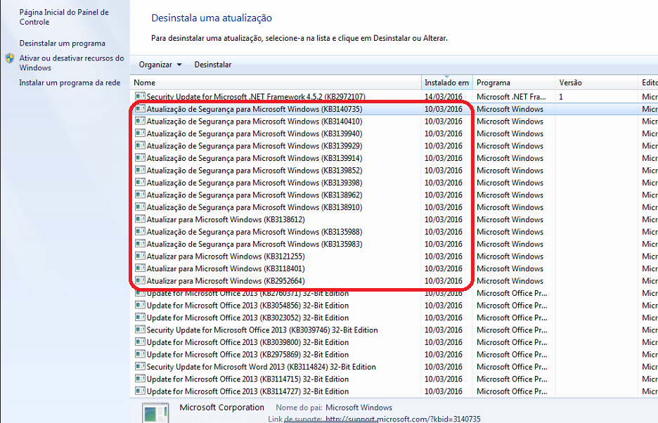 Atualizações do Windows desinstaladas