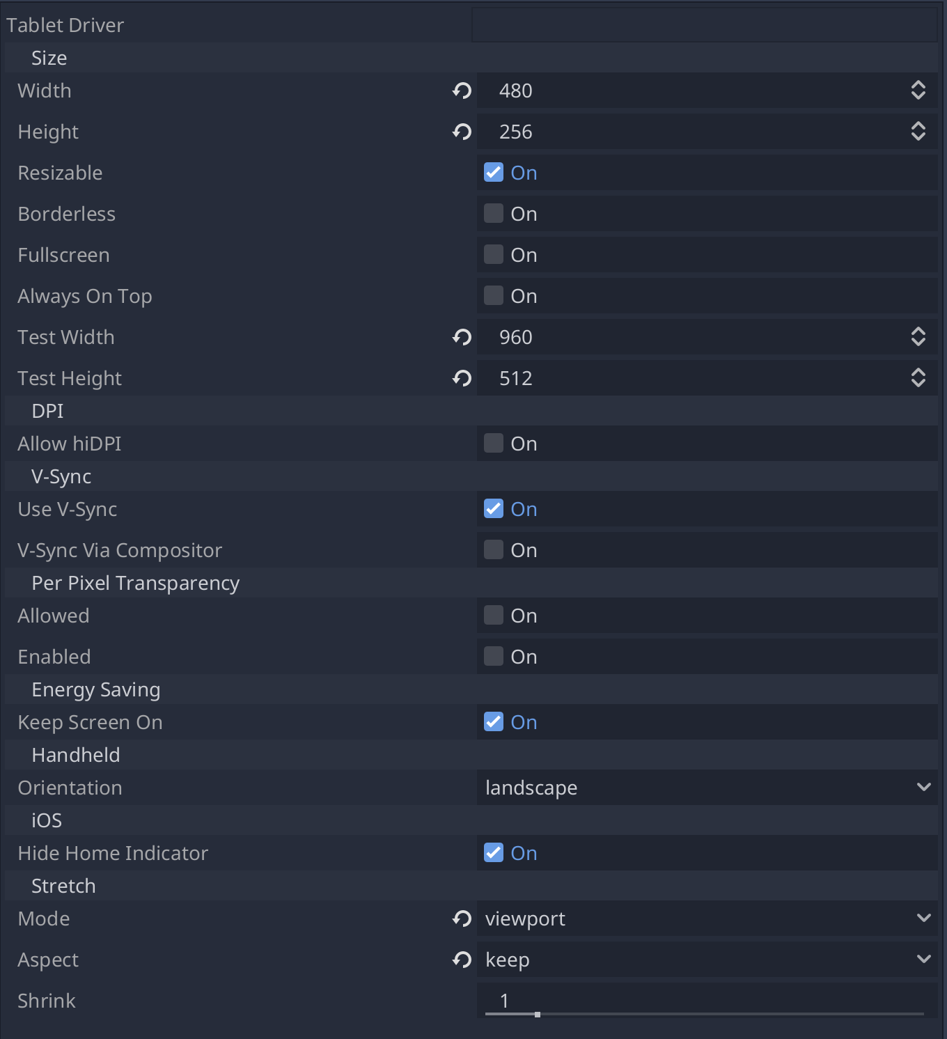 Screenshot of Godot window settings