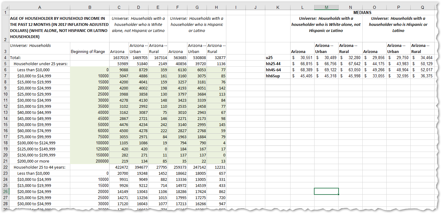 Screenshot of Excel input file. highlighted portion represents the input range