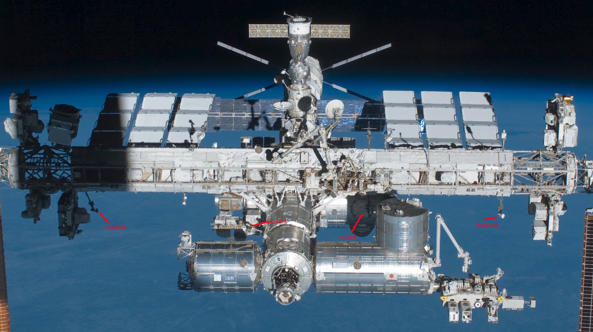 Photograph of the center section of the truss showing the US modules with the cameras annotated