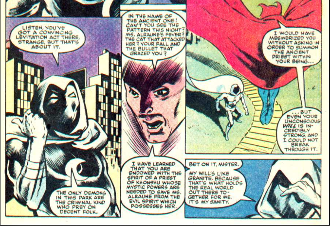 Strange attempts to convince Moon Knight of the connection to Khonshu to free Marlene