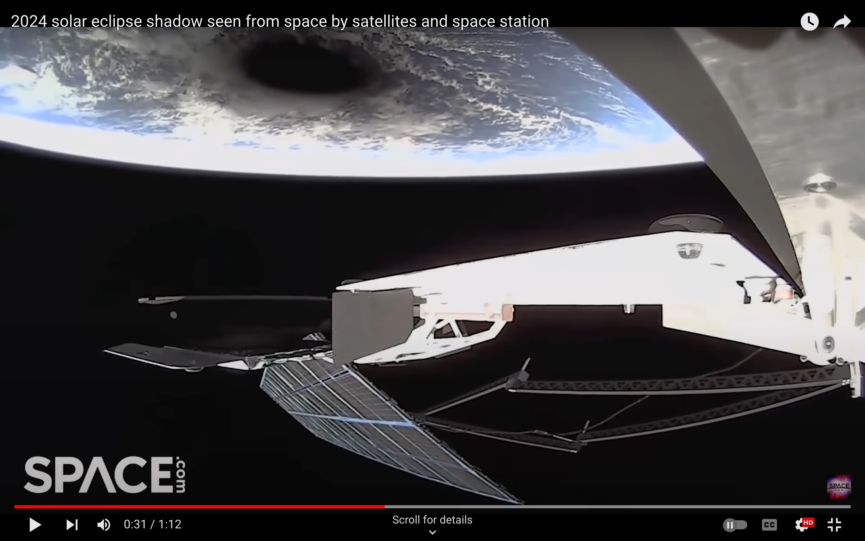 screenshot from The Video From Space  Apr 9, 2024 video "2024 solar eclipse shadow seen from space by satellites and space station" https://youtu.be/niR7W-e7Eus