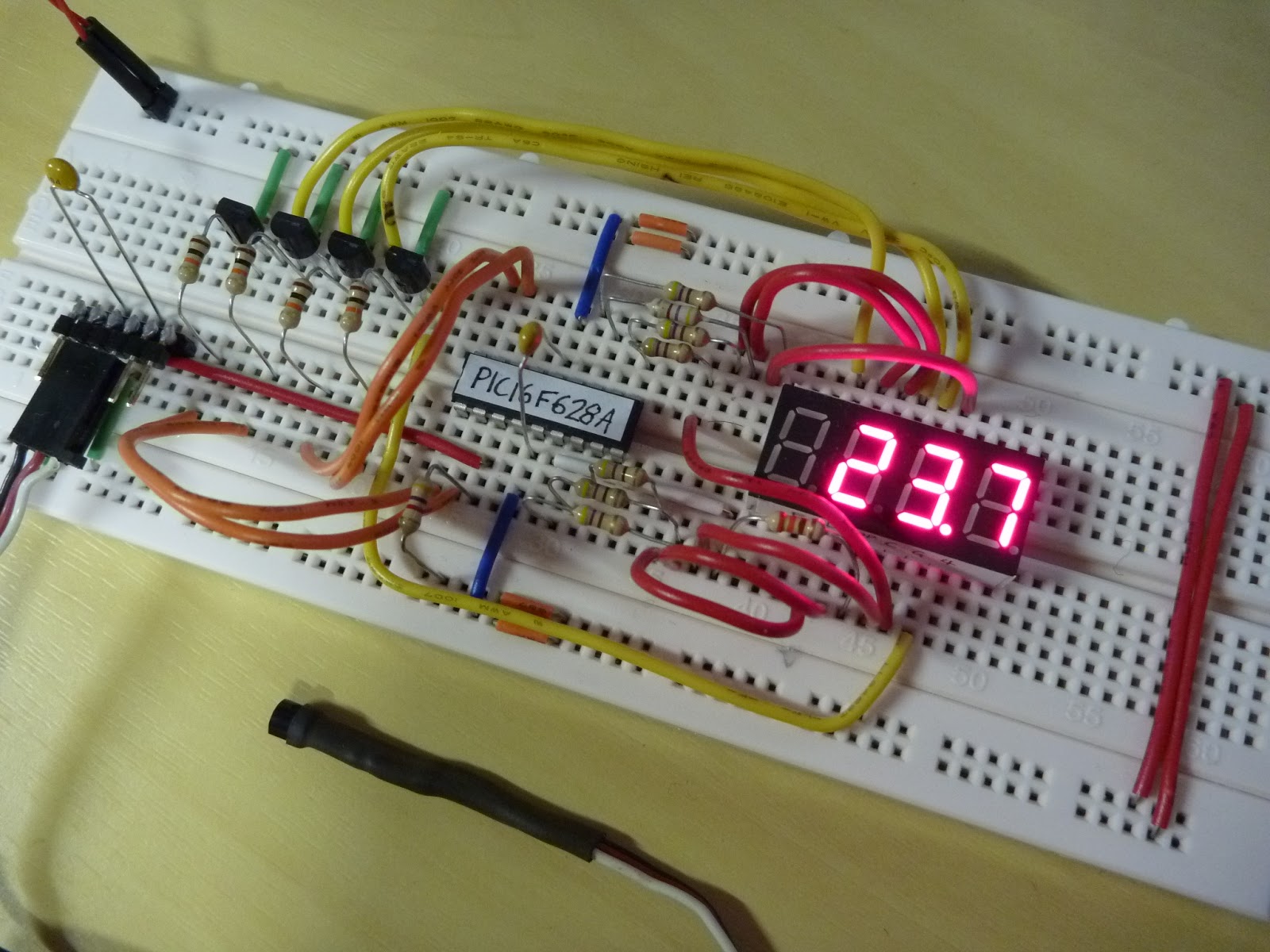 A breadboard with some parts soldered into it