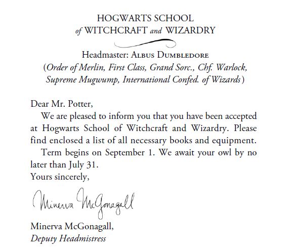 Screenshot of e-book copy of *Harry Potter and the Sorcerer's Stone depicting the above mentioned "invitation letter"