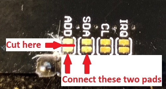 Edited photo of MPR121 module, showing modifications