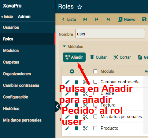 Añadir módulo a role user