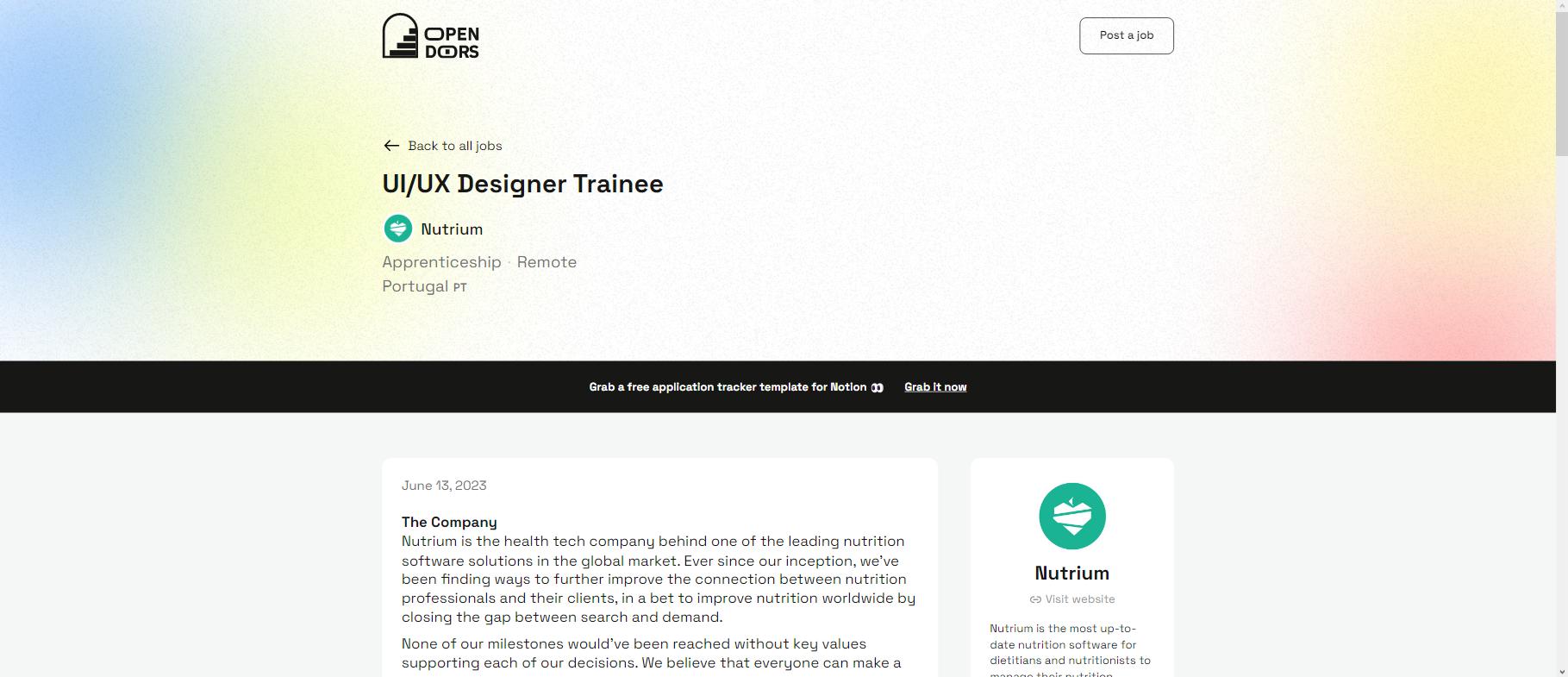 Open Doors post of a UX Job. It has the title and content center aligned