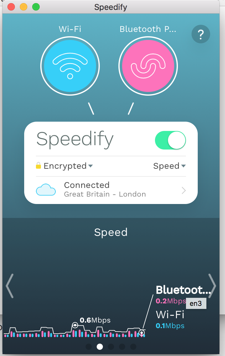 speedify app running on mac with bluetooth and wifi connections combined