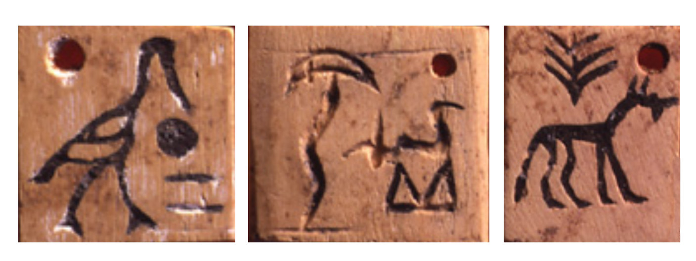 Designs on some of the labels or token from Abydos, carbon-dated to circa 3400-3200 BC.