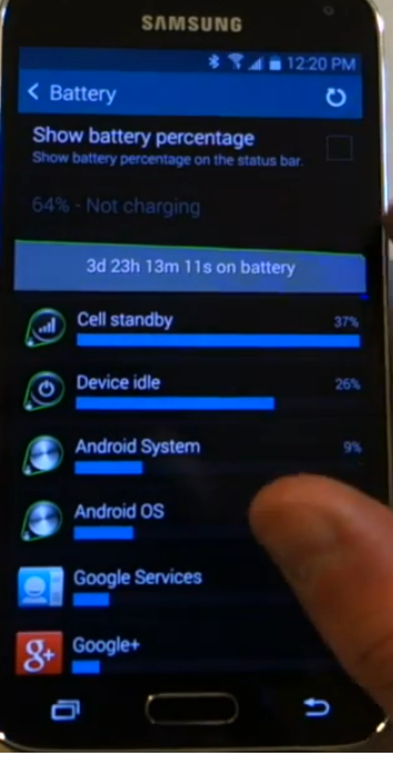 Galaxy S5 Settings>Battery>Show battery percentage