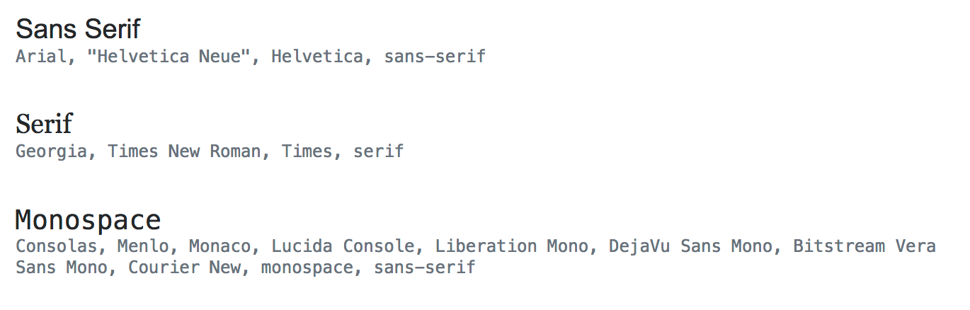 Sans-serif: Arial, "Helvetica Neue", Helvetica, sans-serif; Serif: Georgia, Times New Roman, Times, serif; Monospaced: Consolas, Menlo, Monaco, Lucida Console, Liberation Mono, DejaVu Sans Mono, Bitstream Vera Sans Mono, Courier New, monospace, sans-serif