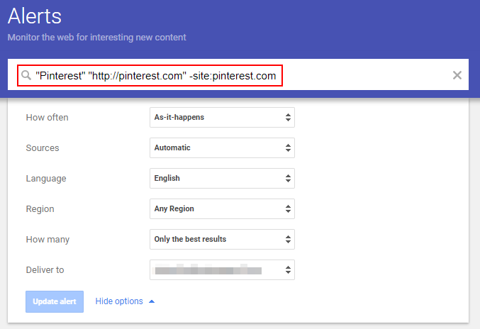 Pinterest Google Alerts example