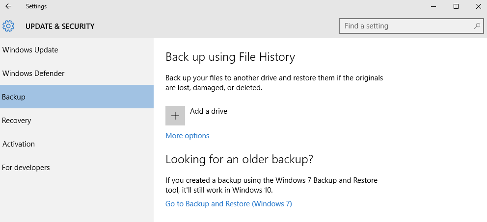  File History before it's activated in Windows 10