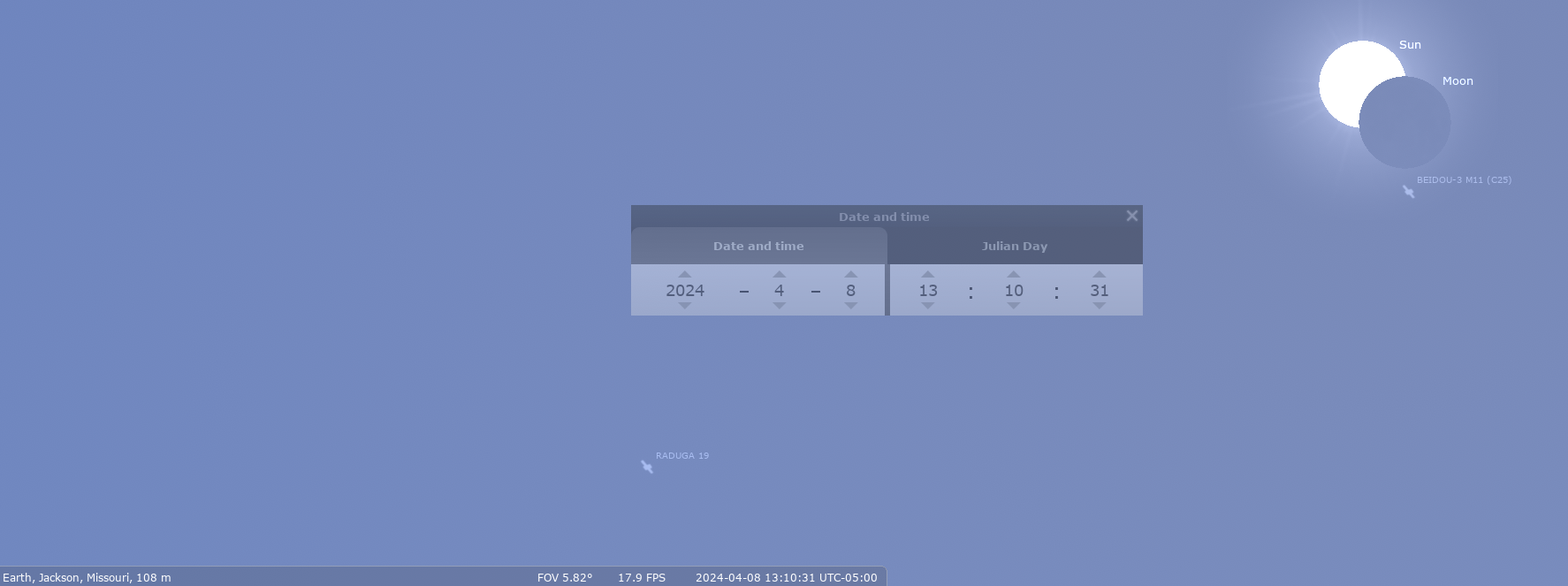 Screenshot of Stellarium showing view of Sun from Jackson, Missouri at 1310h on April 8th, 2024