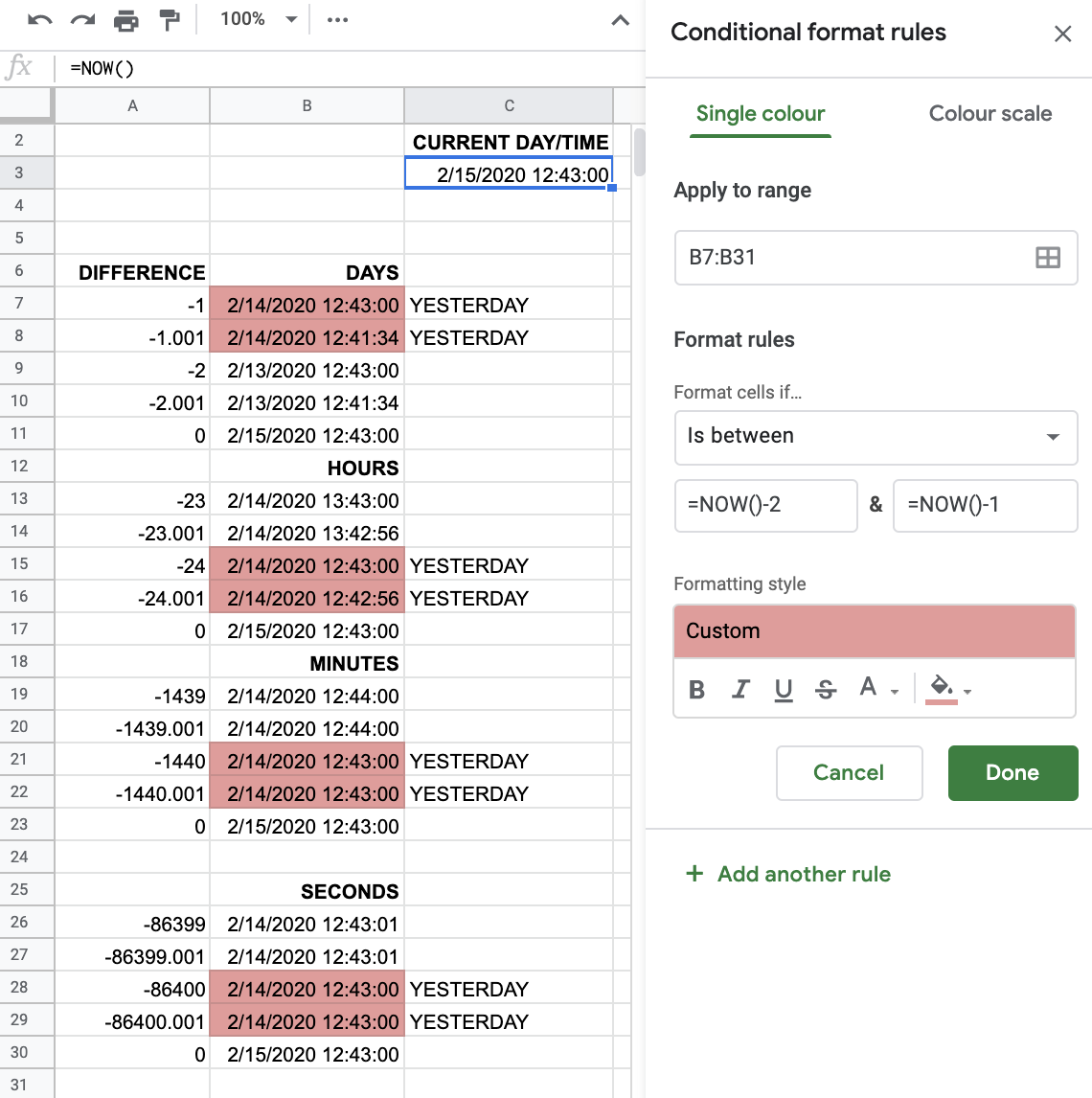 Conditional formatting for cells that have date/time within the last 24 hours