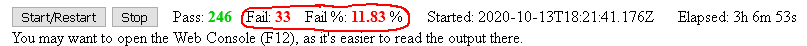 WebSocket testing results showing 246 pass results and 33 failures for a 11.83% failure rate.