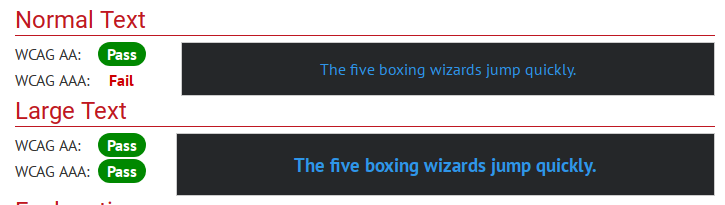 results of the WCAG check, passes all on large text, gets AA but fails at AAA on normal text