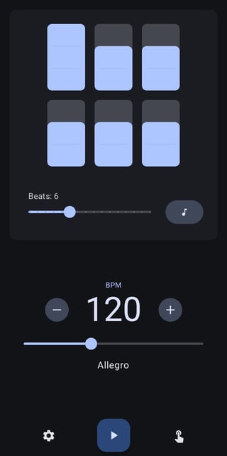 Metronome app with the tempo set to 120 beats per minute, and 6 beats per measure with the the only first beat accented.