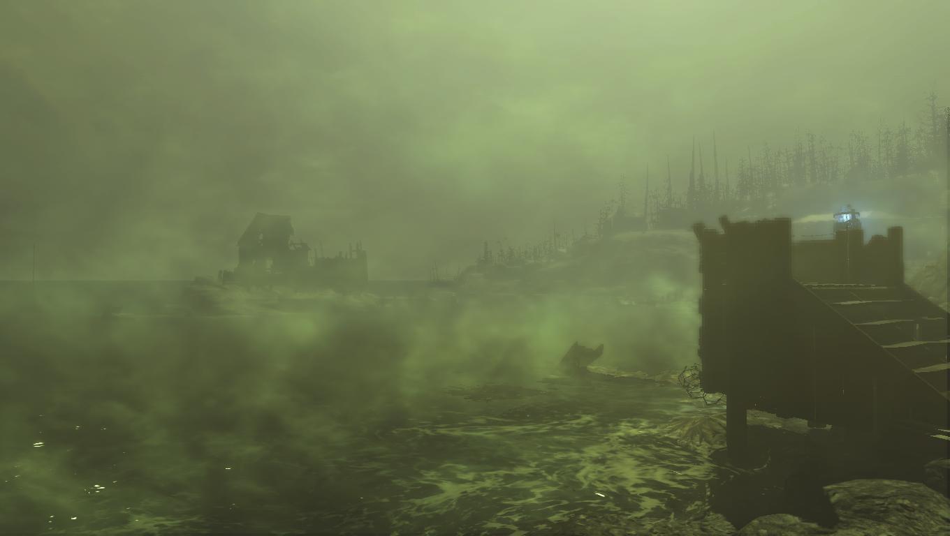 A green sky spans across the fog-covered sea. Lone ruins of a house can be traced out on a near, but barely visible island. A single blue light overlooks the dark coastline.