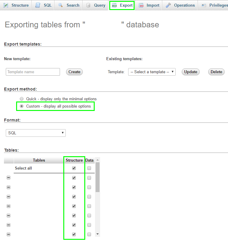 phpMyAdmin - Export - Custom - Structure