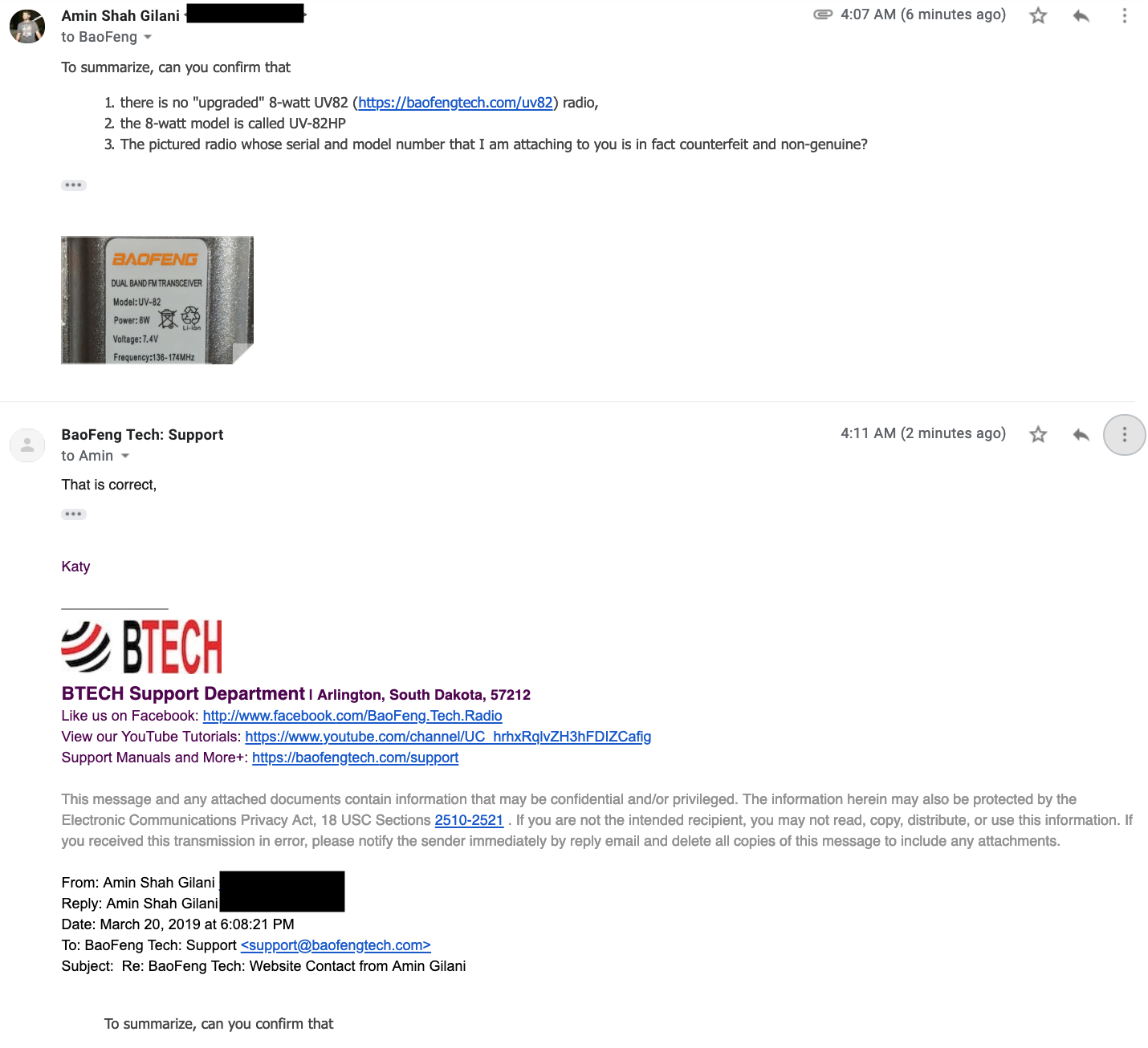 Email conversation with Baofeng support