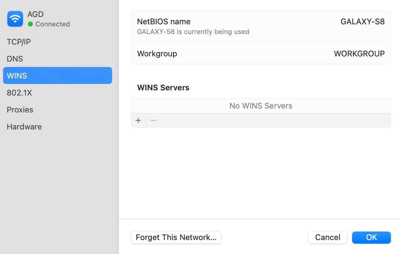 Mac Wi-Fi WINS settings