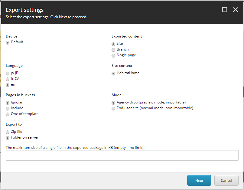 Sample Creative Exchange Export Settings Dialog