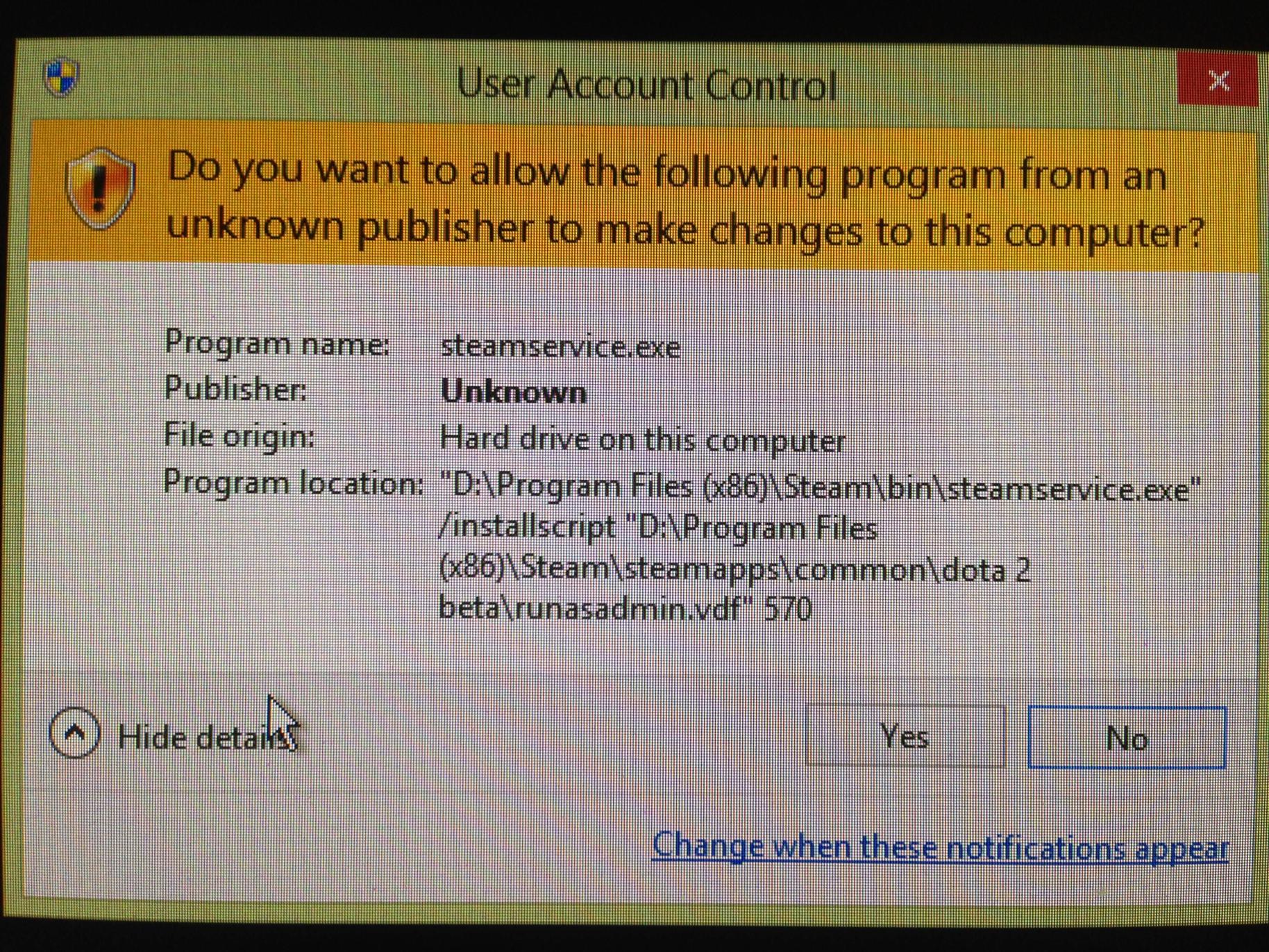 UAC Steam Program Files (x86)\Steam\bin\steamservice.exe /installscript steamapps\common\dota 2 beta\runasadmin.vdf 570