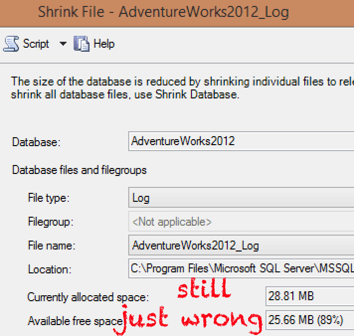 Log file shrink dialog after updateusage