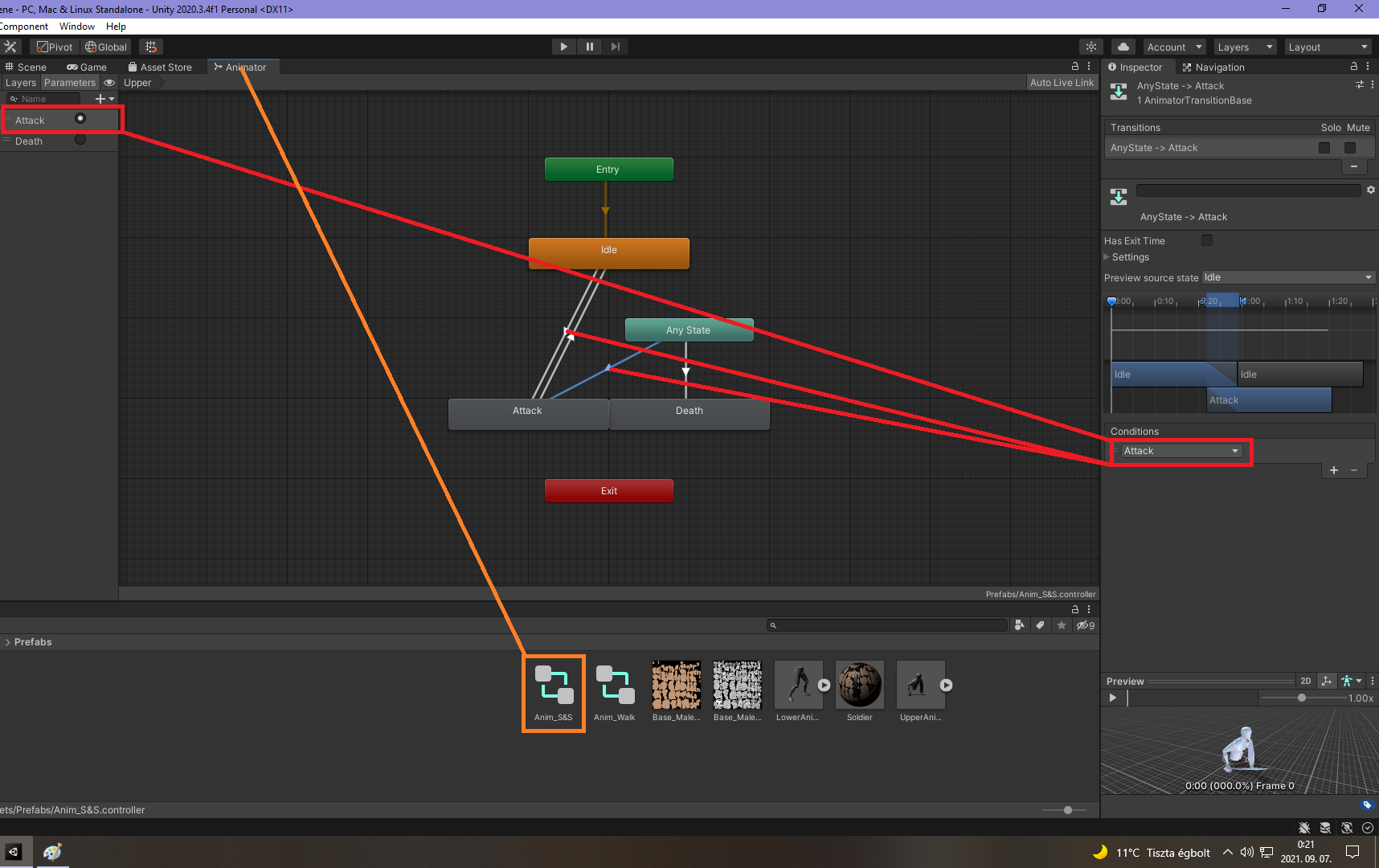 Orange: Upper Body Animator, Red: Trigger set up properly