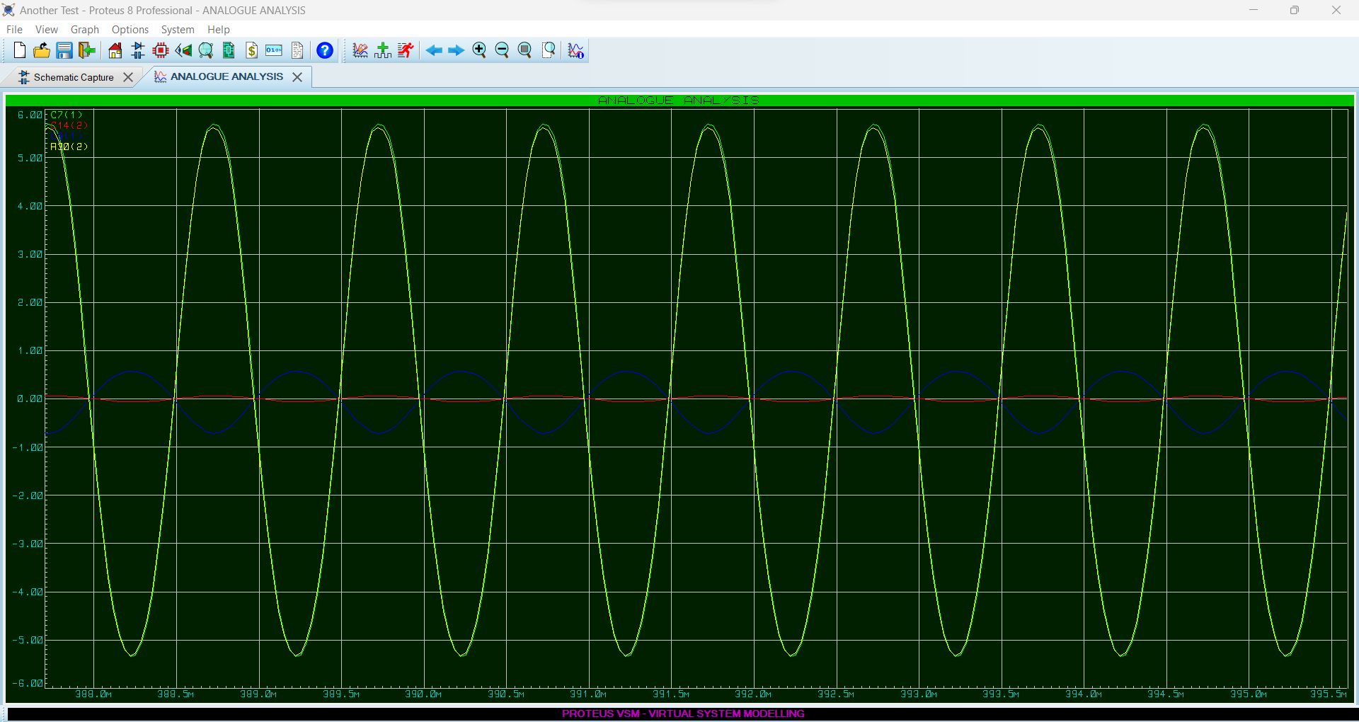 This is the Oscilloscope View of the output signals. There are 3 BJT Pre-Amp Stage and Class AB with Driver Stage Power Stage. The red signal is output after 1st transistor, Blue after 2nd, Green after 3rd and Yellow at the Output.