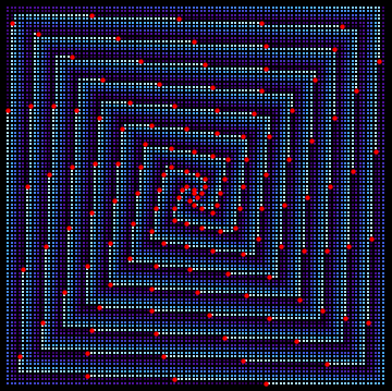 Ulam spiral up to 10^4, beginning down then right.