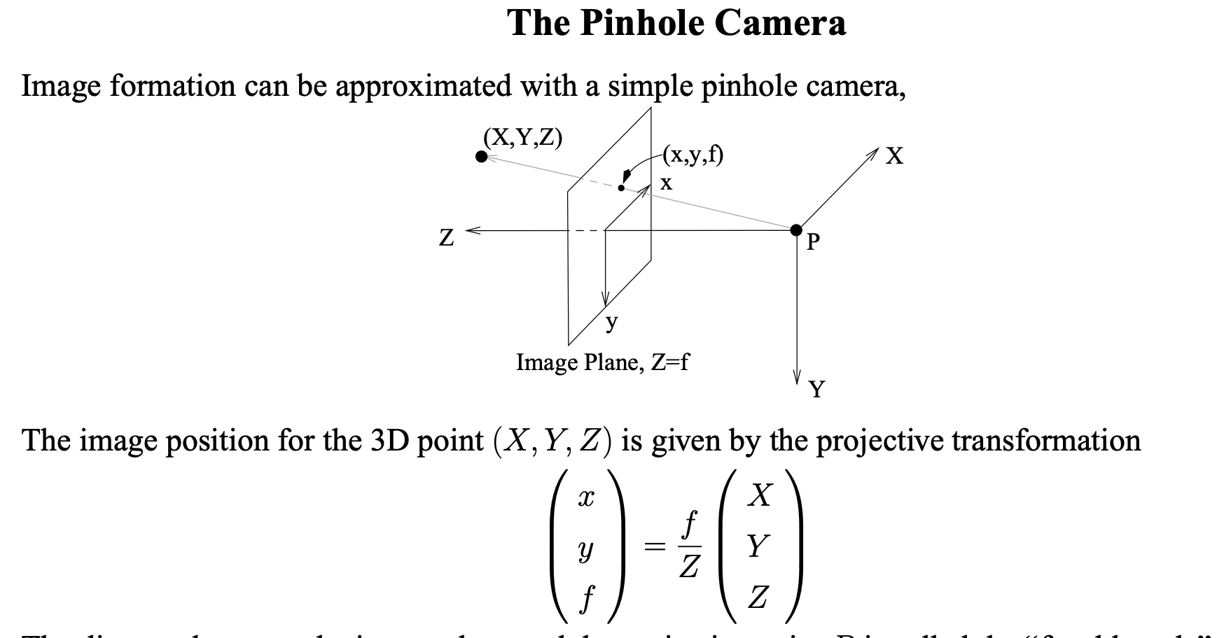 diagram of pinhole image plane and image position math