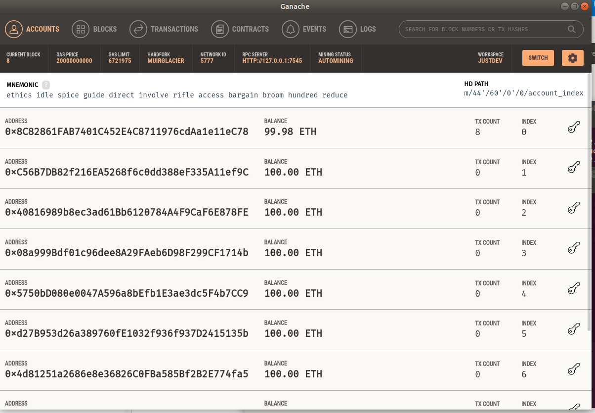 Ganache Image after Deploying shows 8 at the top