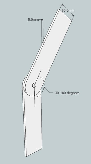 two bars of 50x5 mm cross-section fastened near their ends on a 30- to 180-degree swivel with axis of rotation parallel to the 5 mm dimension