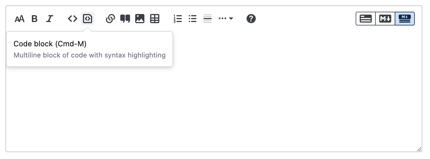 Editor displaying the new tooltip text for the code block command: Multiline block of code with syntax highlighting