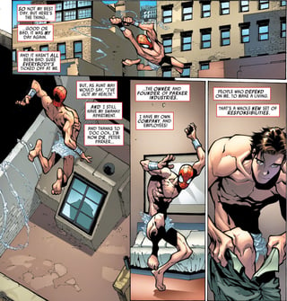 Peter with naked except for "web underwear" swinging through the city showing his muscly body