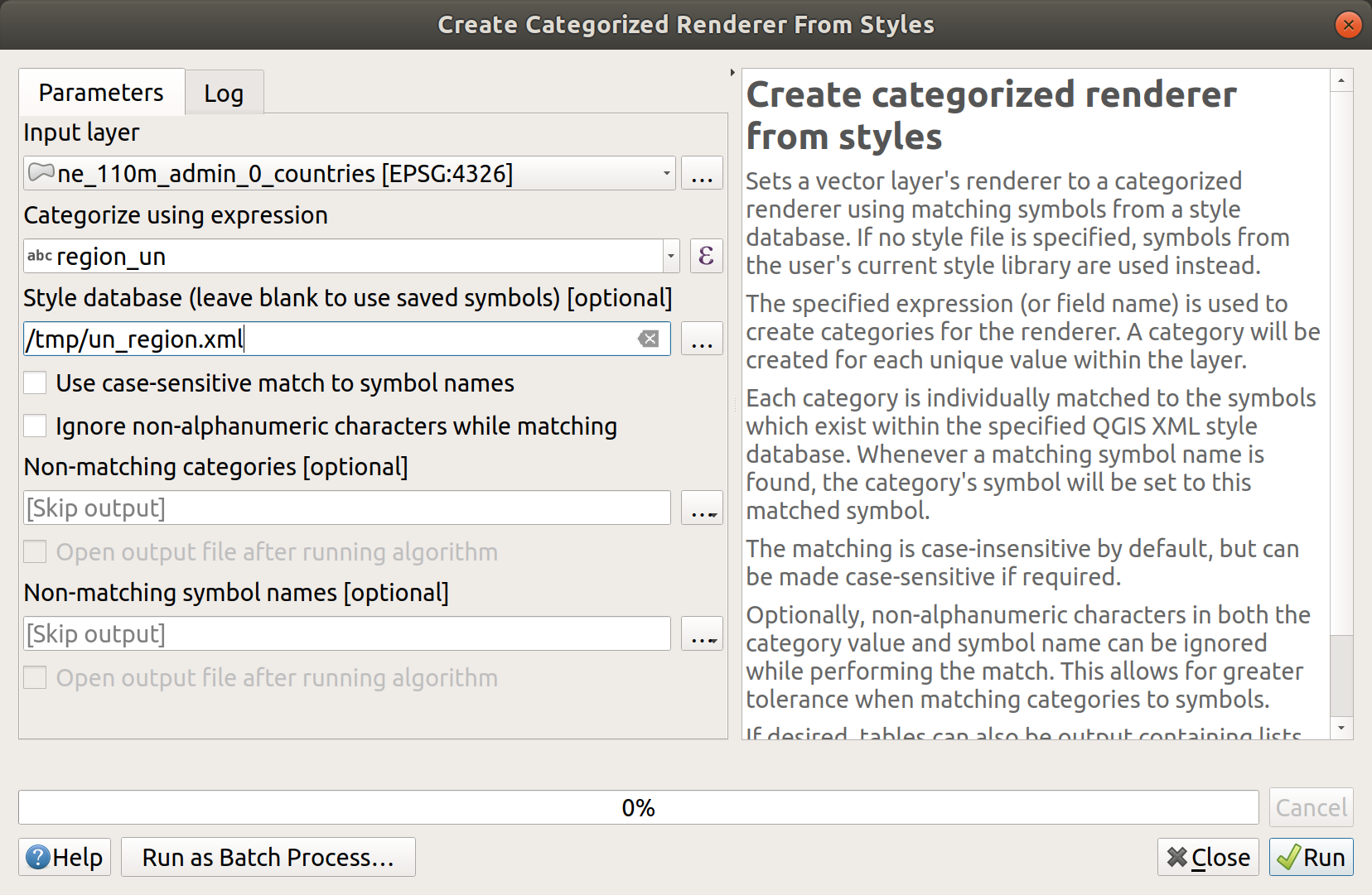 "Create categorized renderer from style" window