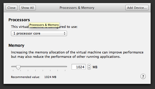 Memory and Processor settings