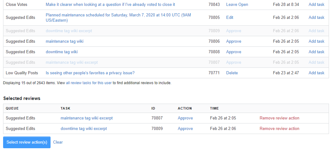 Table showing selected reviews for the user, which will be used in generating the review suspension message