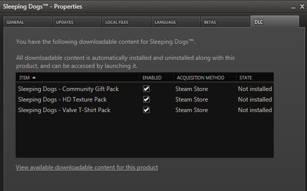 Screenshot of DLC properties